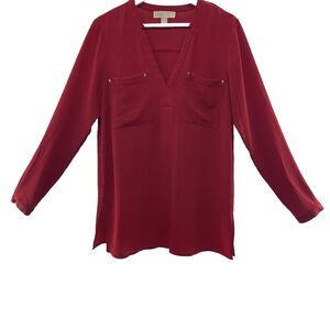 Michael Kors Medium Blouse V-Neck Long Sleeve Red Lightweight Pockets Women's